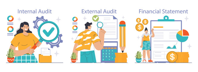 Audit process set. Professionals evaluating financial records. Internal checks, third-party verifications, clear reports. Integrity, accuracy, transparency in finance. Flat vector illustration