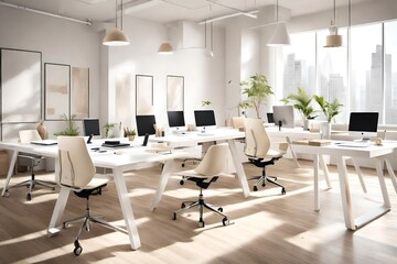 A chic office space with white desks, cream-colored ergonomic chairs, and minimalist decor for a productive yet stylish environment.