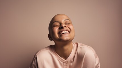 Obraz premium Happy cancer survivor in pastel attire poses against a pink backdrop.