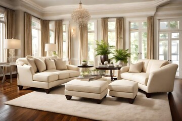 A contemporary cream-colored loveseat paired with matching ottomans, placed elegantly on a polished hardwood floor in a pristine living space exuding sophistication.