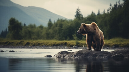 A bear on the bank of a river in the mountains