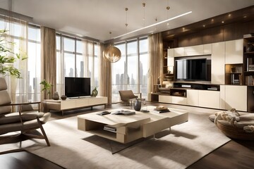 A captivating view of a cream-colored entertainment unit flanked by contemporary furnishings, enhancing the modern charm of a well-designed living room space.