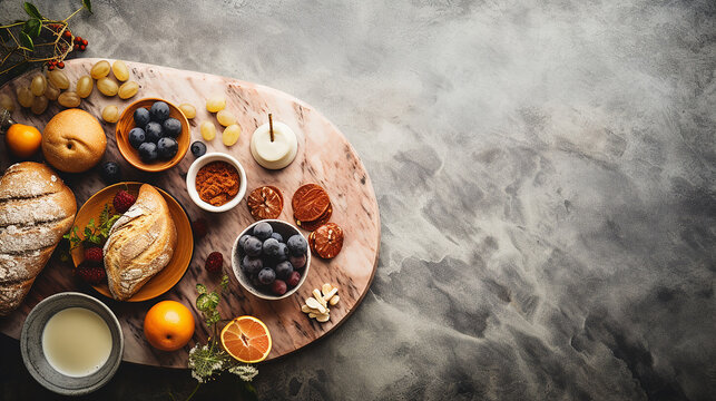 Continental Breakfast On Stone Table From Above. Flat Lay Top View With Text Space