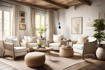 Fototapeta premium A cozy nook with white armchairs, cream-colored throws, and a small coffee table for a comfortable and relaxing space.