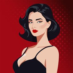 Vector art portrait of a young sexy woman in a black top with bare shoulders and a deep neckline.
