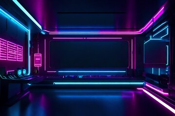 A high-tech gaming room with neon accents and a blank frame integrated into the futuristic design. - obrazy, fototapety, plakaty