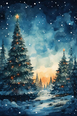 Fototapeta premium Christmas trees watercolor painting. Beautiful winter forest landscape in snowfall. Winter illustration.