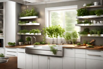 A kitchen with a window ledge herb garden, adding freshness and convenience to culinary endeavors. - obrazy, fototapety, plakaty