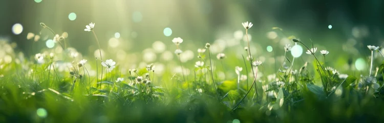 Tuinposter Gras a spring green grass meadow with flowers,