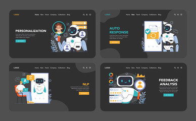 Chat bot dark or night mode web or landing set. AI-powered customer service. Online consultation with artificial neural network. Artificial intelligence virtual assistant. Flat vector illustration