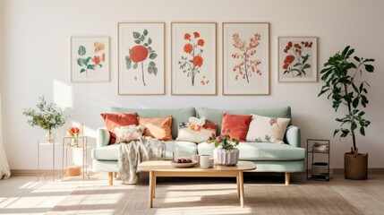 A vintage-inspired living room with a floral sofa, a patterned rug,