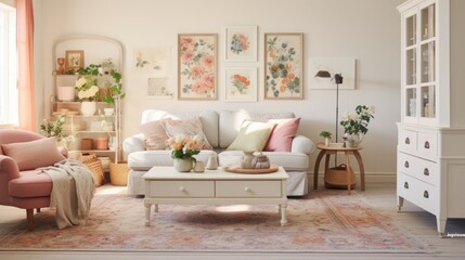 Obraz premium A vintage-inspired living room with a floral sofa, a patterned rug,