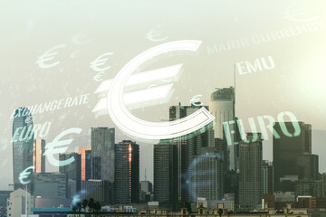 Virtual EURO symbols illustration on Los Angeles cityscape background, forex and currency concept. Multiexposure