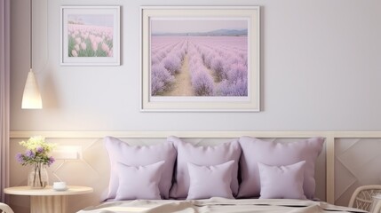 Hotel room in Provence style in pastel colors with a picture in a frame.