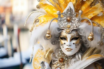 A woman in a Venetian carnival mask in the style of fantastic compositions, in white and gray and...