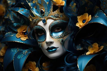 Foto auf Acrylglas Antireflex Venetian carnival mask decorated with beads in dark blue, yellow and gold tones on a woman, close-up. Mardi Gras background. Venice Carnival in Venice, Europe. © Olena