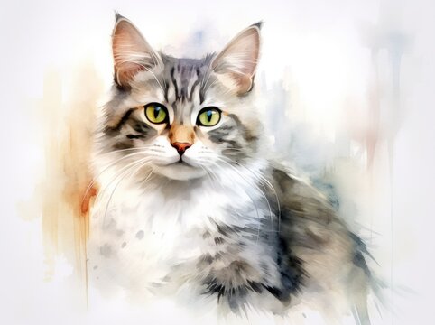 a watercolor painting of a tabby cat, light white and dark gold,