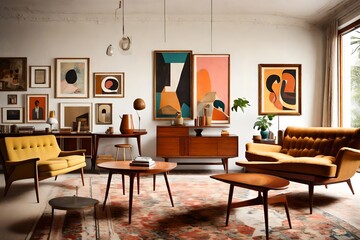 A mid-century modern living room with retro furniture and a blank frame amidst vintage art pieces.