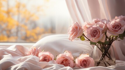 A white bedroom with a fluffy duvet, a vase of pink roses on a bedside table,