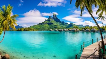 Quiet and calm lagoon on the island with crystal clear, azure water bungalows over the water and palm trees. - obrazy, fototapety, plakaty