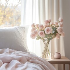 A white bedroom with a fluffy duvet, a vase of pink roses on a bedside table,