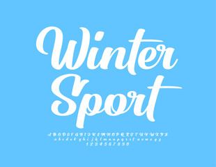 Vector trendy logo Winter Sport. White Cursive Font. Modern Alphabet Letters and Numbers set.