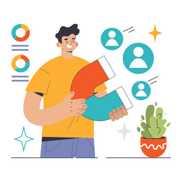 Young marketer attracts potential clients with a magnet. Demonstrating the power of effective lead generation. Driving growth, ensuring business sustainability. Flat vector illustration