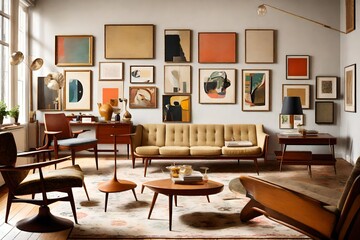 A mid-century modern living room with retro furniture and a blank frame amidst vintage art pieces.