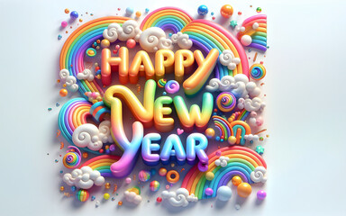Happy New Year sign rainbow colors low relief 3D style