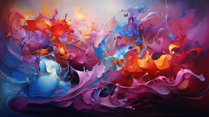 a dynamic splash of colors, their fluid and chaotic movement frozen in time, symbolizing the spontaneity and unpredictability of artistic creation.