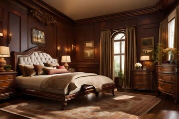 A traditional bedroom with classic furniture, ornate details, and rich, warm colors for a timeless and elegant aesthetic.