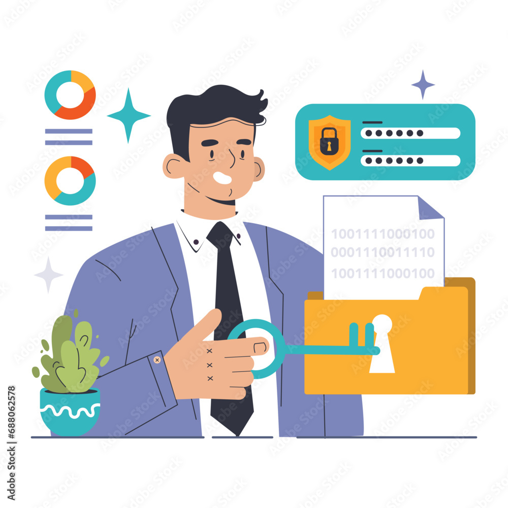Poster data encryption. personal information, internet access or database protection. cyber security and pr