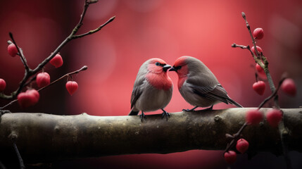 two pairs of pink birds standing on a branch as a symbol of love on Valentine's Day created with Generative AI Technology - obrazy, fototapety, plakaty