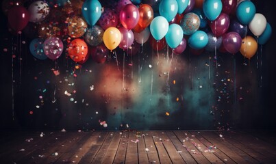 a wooden background in which colored confetti is tied to colorful balloons,