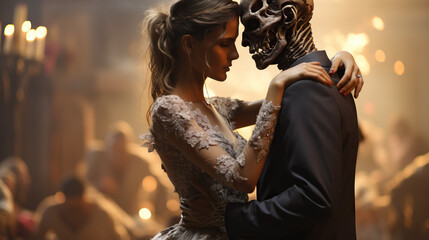 ouples dressed as zombies attending a Valentine's Day-themed undead prom, blending romance with a touch of the macabre. - obrazy, fototapety, plakaty