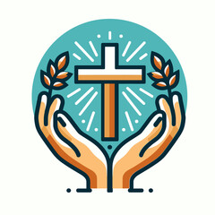 Christian Cross with Hands and Wheat Illustration. Christianity symbol