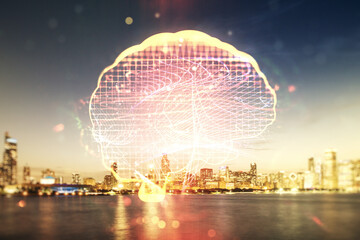 Virtual creative artificial Intelligence hologram with human brain sketch on Chicago cityscape background. Double exposure