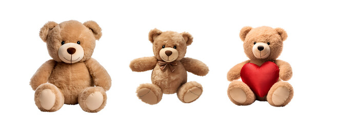 Plush bear with a heart and set of teddy bear toys, Isolated on Transparent Background, PNG