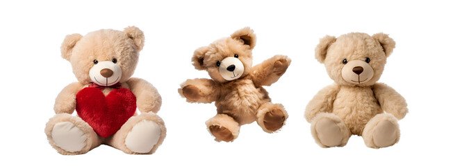 Heart-holding plush bear and set of teddy bear toys, Isolated on Transparent Background, PNG