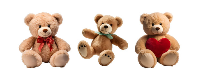 Set of teddy bear toys and a heart-holding plush bear, Isolated on Transparent Background, PNG
