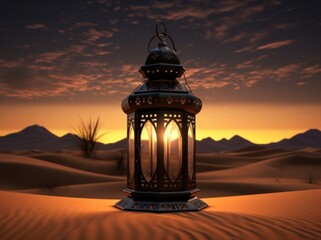 an arabic colored lantern on sand in the desert,