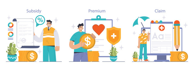 Insurance concept set. Exploring healthcare insurance with visuals on subsidy, premium payments, and claims processing. Engaging artwork demystifies policy details. Flat vector illustration