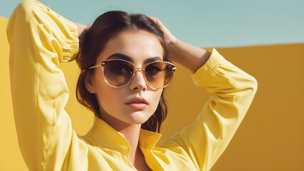Fototapeta premium Attractive woman with sunglasses on yellow background. Generative Ai