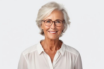 Fototapeta premium Radiant Woman in Her 50s with Glasses and Flowing Hair on a White Background
