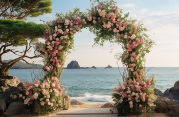 an archway with flowers and greenery leading to the beach,