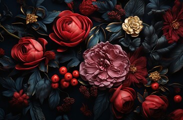 an arrangement of flowers on black, background,