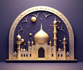 an eid adha mutaha with a crescent and a dome with decorative design illustration,