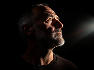 Close up portrait of happy 60-year-old man with serious face, Light shines into the face, isolated on dark background