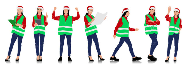 Set of female construction workers wearing Christmas hats and vests. Warehouse workers in different poses and color options with Santa hats. Vector illustration isolated on white - obrazy, fototapety, plakaty