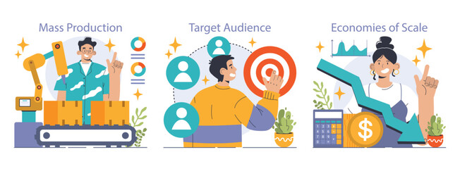 Mass market set. Mass production economics. Targeted audience and market segmentation. Efficiency of production process, distribution, marketing and sales. Flat vector illustration